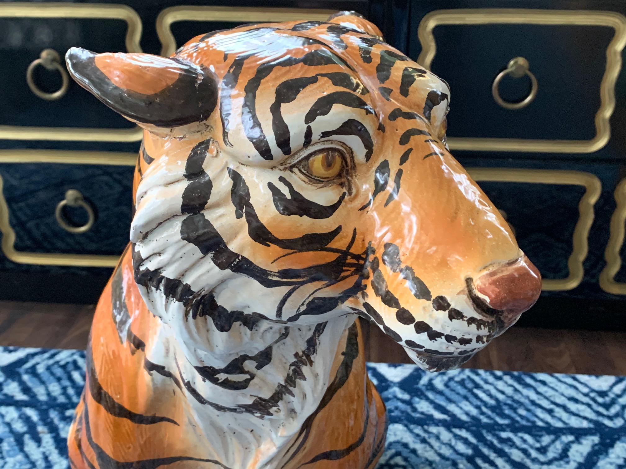 Large Mid Century Italian Glazed Ceramic Tiger Statue In Good Condition In Jacksonville, FL