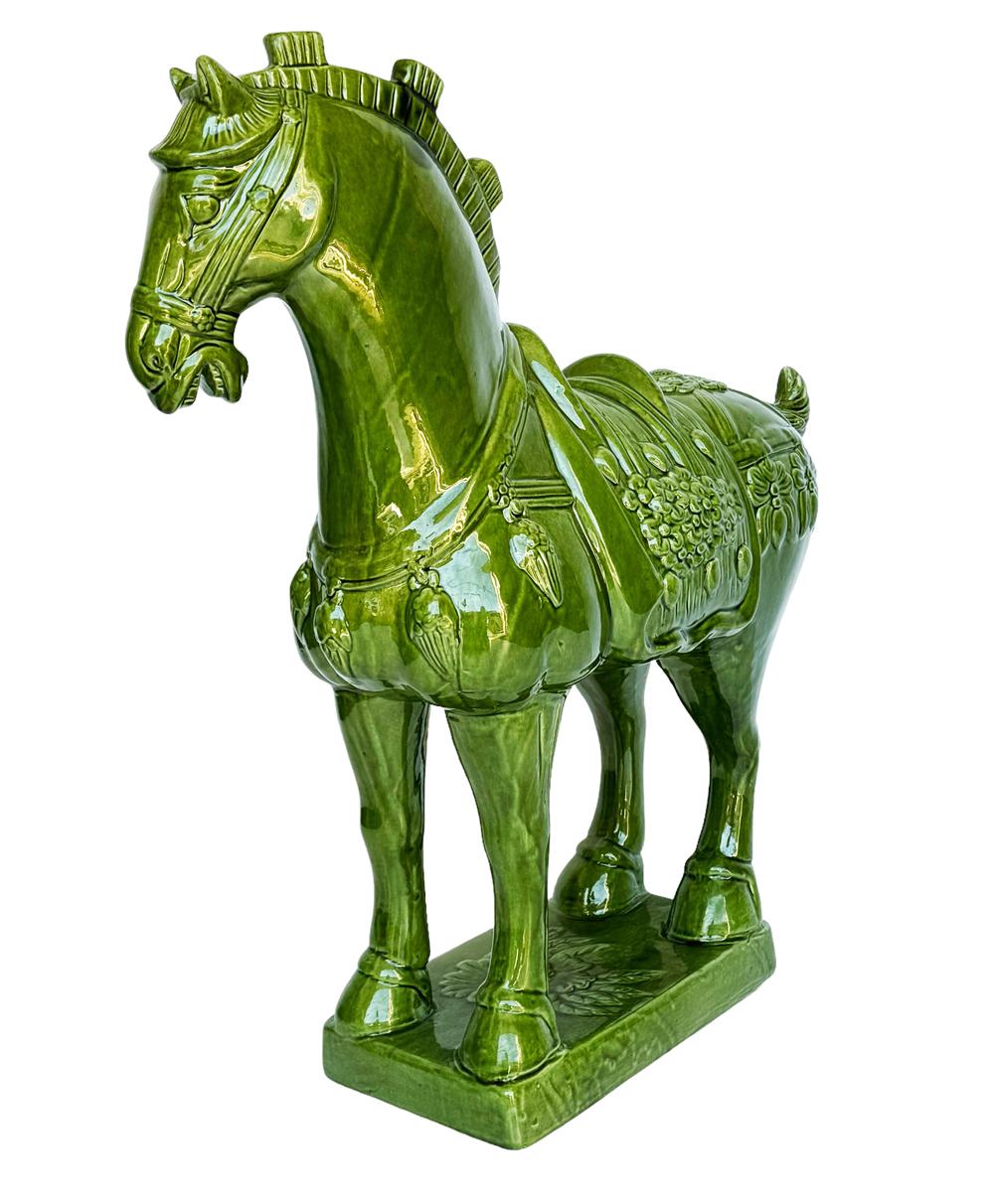 Céramique Grande sculpture ou statue de cheval en céramique verte de style italien moderne du milieu du siècle dernier en vente