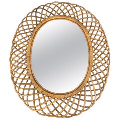 Large Mid Century Italian Riviera Franco Albini Rattan and Bamboo Oval Mirror
