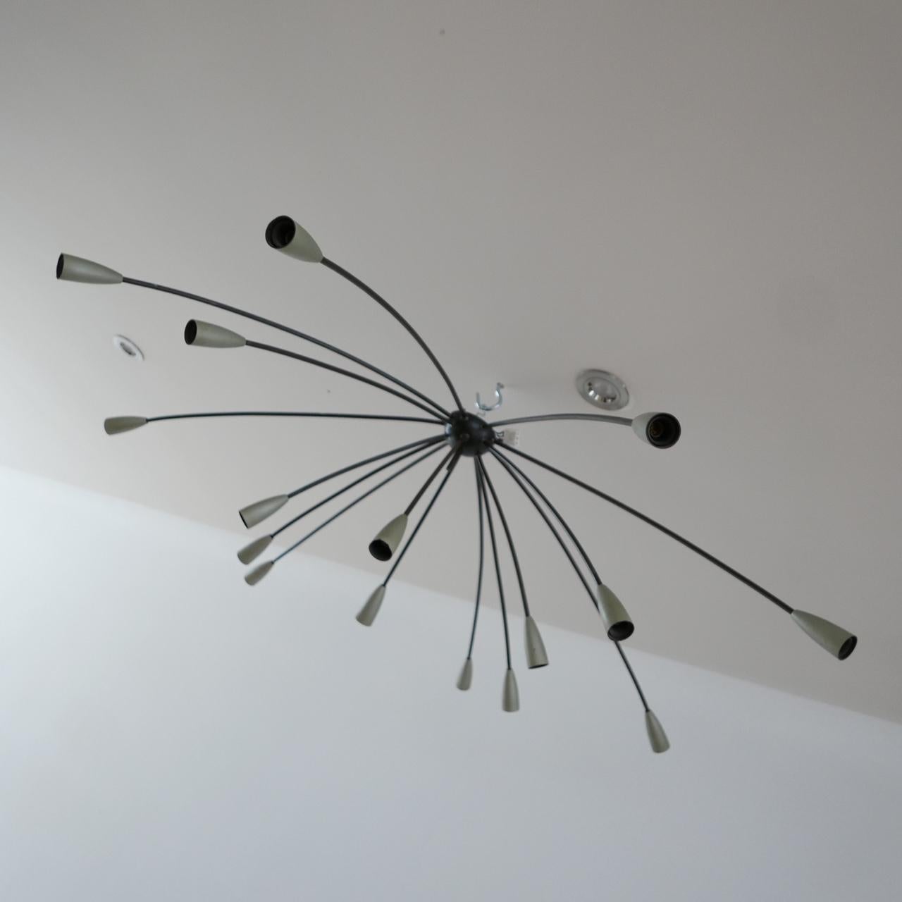 A mid-century large spider ceiling lamp. 

Italy, c1960s. 

Patinated brass arms, with painted shades (these could be re-sprayed any colour). 

Re-wired and PAT tested. 

Unusually large size with sixteen arms. 

One shade has small damage