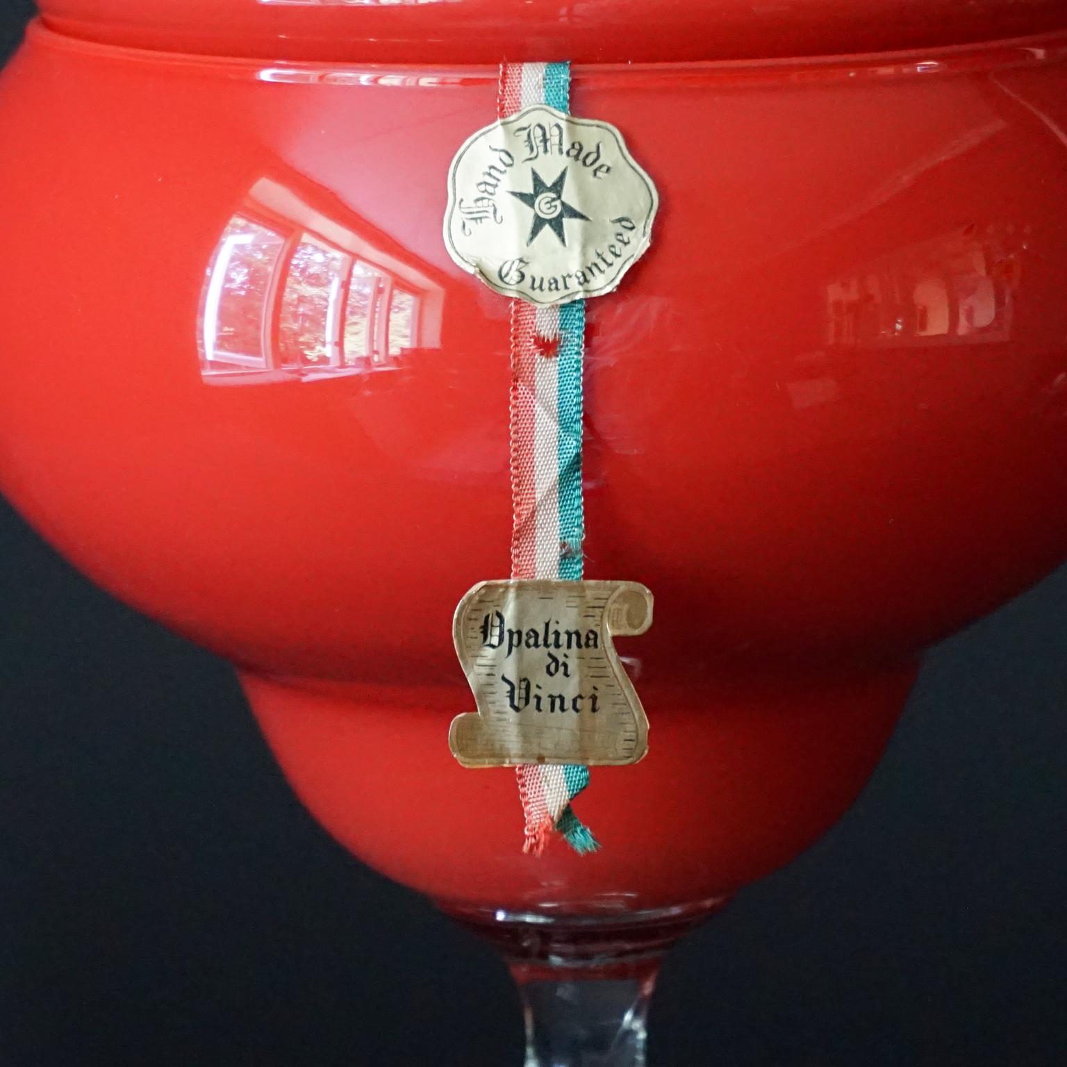Blown Glass Large Mid-Century Italian Tomato Red VNC Opalina di Vinci Cased Glass Candy Jar For Sale