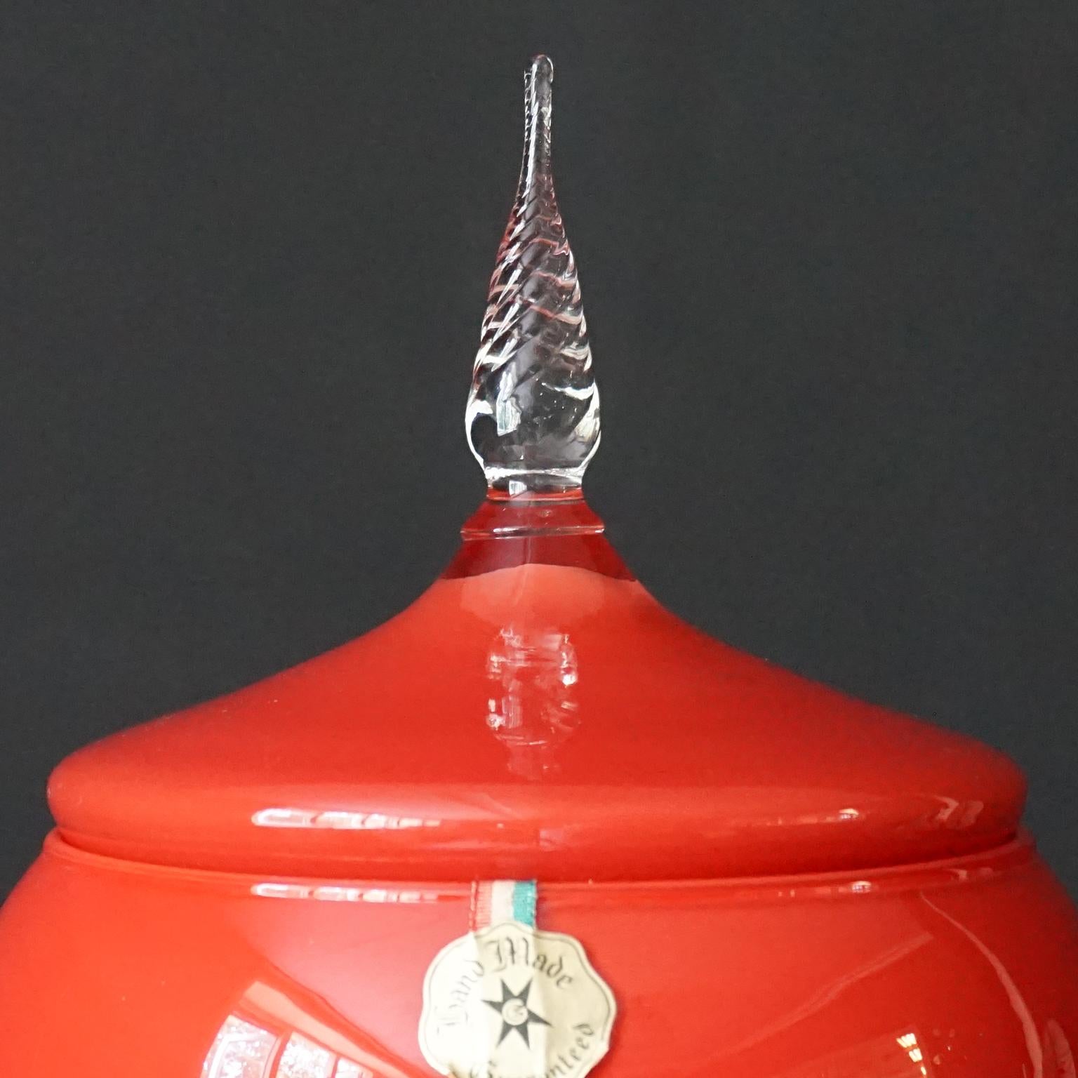 Large Mid-Century Italian Tomato Red VNC Opalina di Vinci Cased Glass Candy Jar For Sale 1