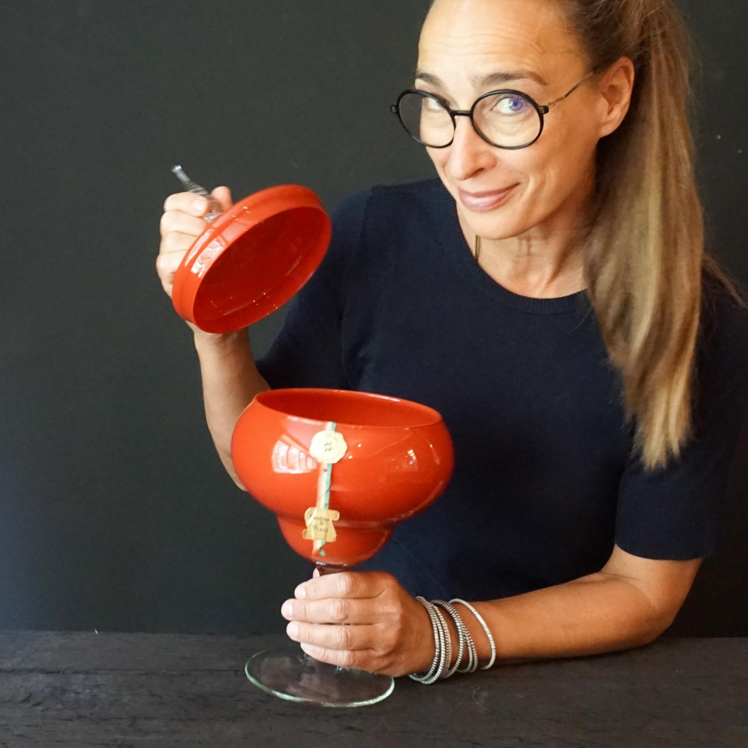 Mid-20th Century Large Mid-Century Italian Tomato Red VNC Opalina di Vinci Cased Glass Candy Jar