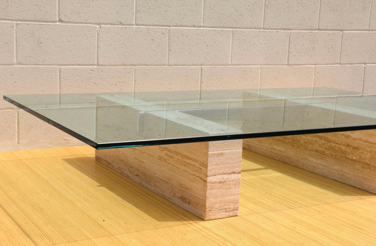 Glass Large Mid-Century Italian Travertine Coffee Table For Sale