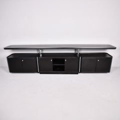 Large Mid Century Italian Two Tier Credenza with Black Finish and Hinged Base