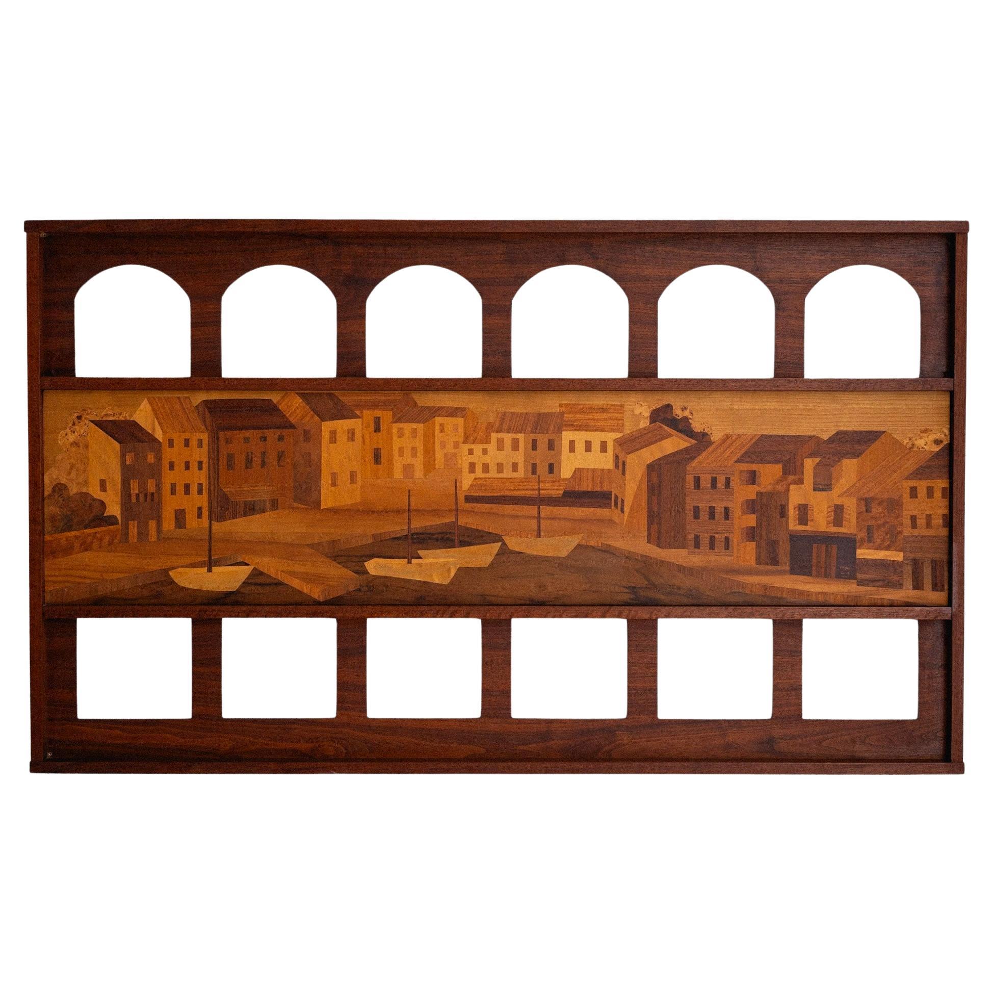 Grande pannello di intarsio in legno italiano del metà del secolo scorso