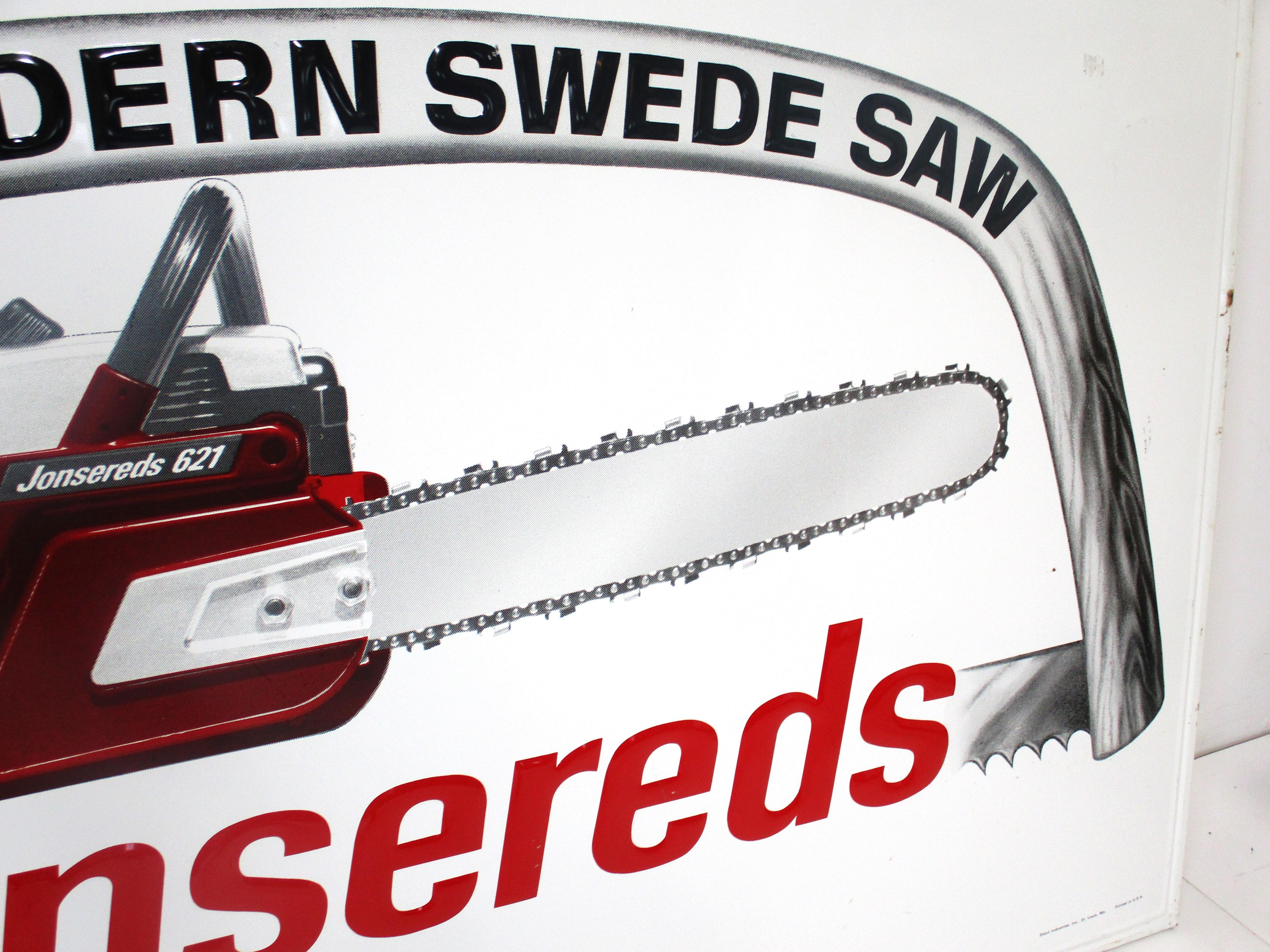 Große Mid Century Jonsereds schwedischen Kettensäge Metall Zeichen (Moderne der Mitte des Jahrhunderts)