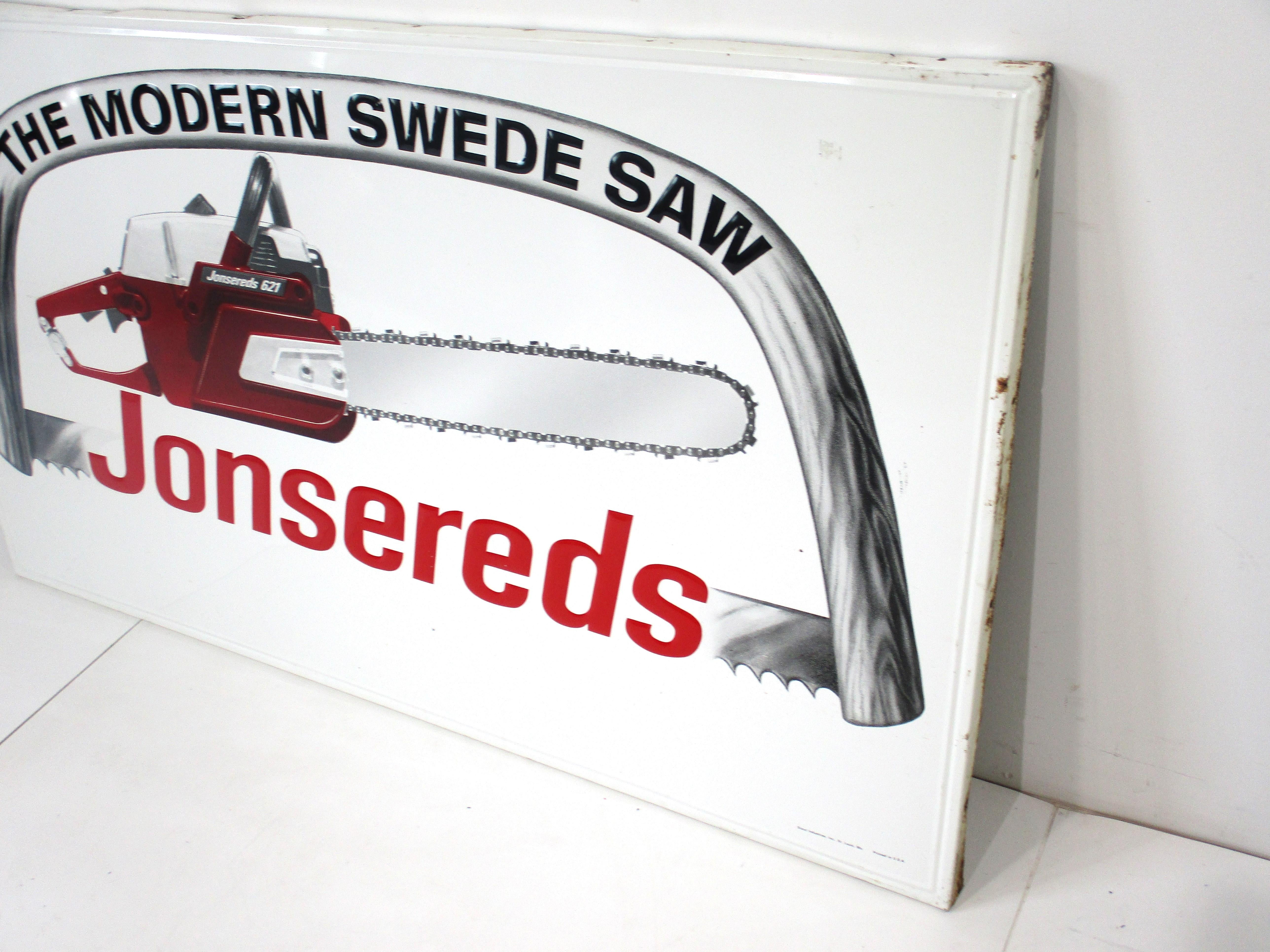 Large Mid Century Jonsereds Swedish Chain Saw Metal Sign   In Good Condition In Cincinnati, OH