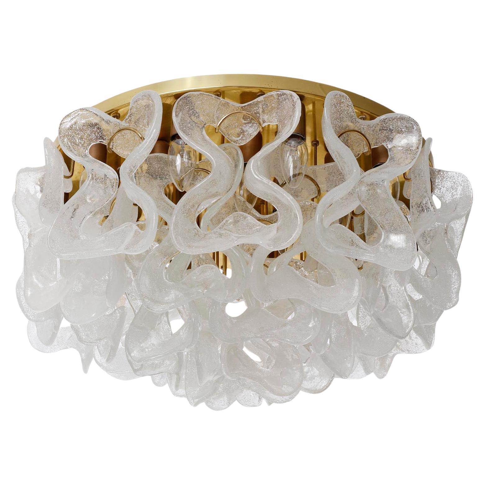 Austrian Large Mid-Century Kalmar Flush Mount Light 'Catena', Brass Murano Glass, 1970s For Sale