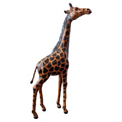 Large Mid-Century Leather Warpped Giraffe Figure Sculpture
