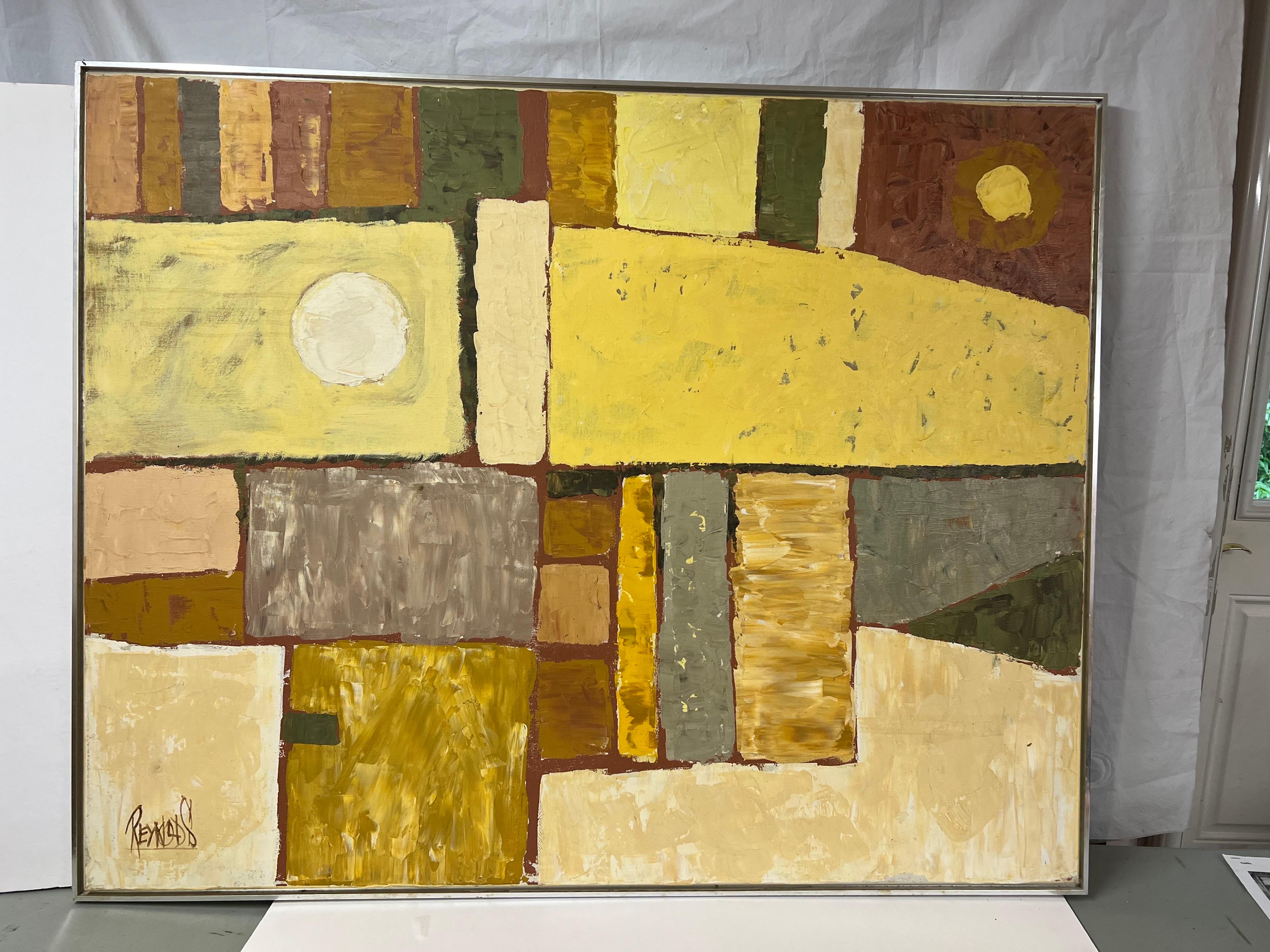 Large Mid Century Lee Reynolds Vanguard studio Painting on canvas. Large abstract composition in yellows, whites and greens with a chrome frame. Signed lower left. Perfect for a large loft space or open modern home. Perfect for that Lee Reynolds