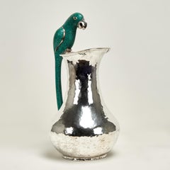 Large Mid Century Los Castillos Silver on Copper Pitcher with a Parrot Handle