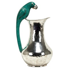 Large Mid Century Los Castillos Silver on Copper Pitcher with a Parrot Handle