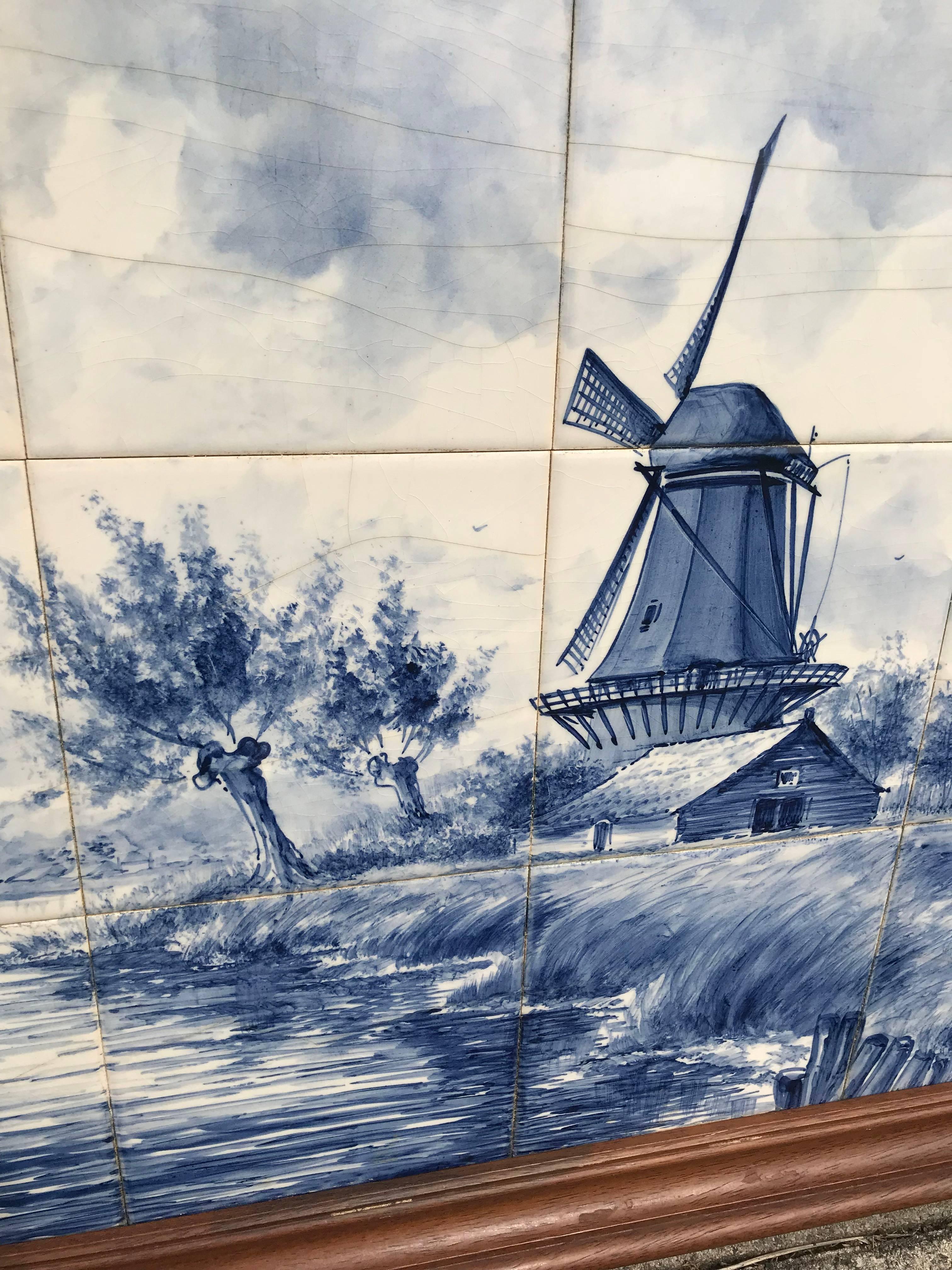 Large Midcentury Made Delft Blue Tile Tableau / Wall Plaque with Dutch Landscape 7