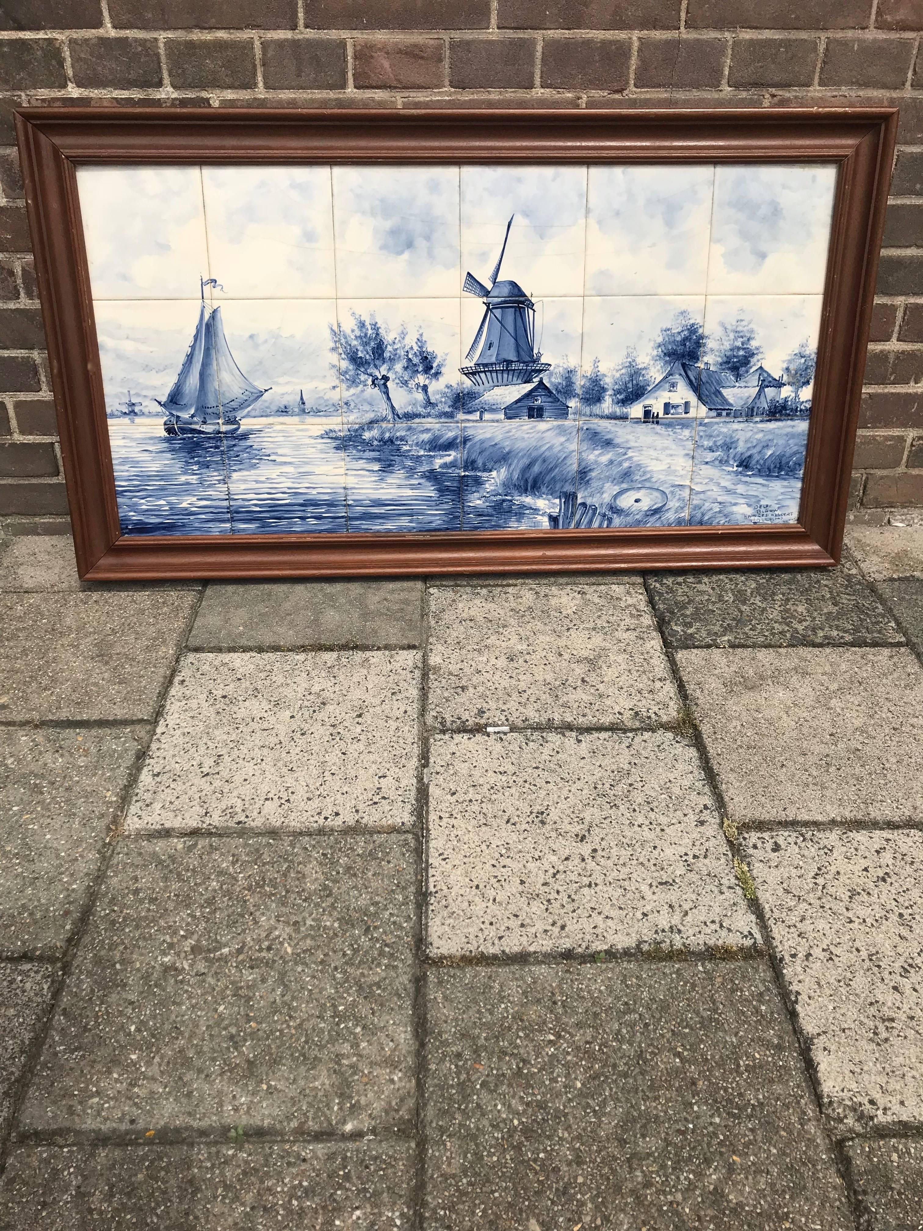 Large Midcentury Made Delft Blue Tile Tableau / Wall Plaque with Dutch Landscape 8