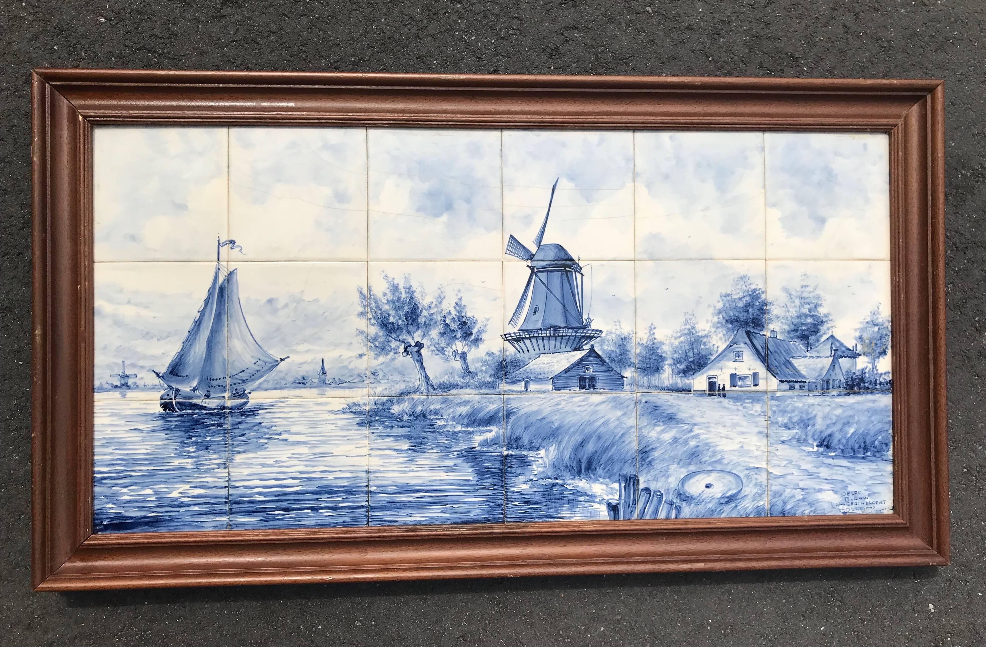 Large Midcentury Made Delft Blue Tile Tableau / Wall Plaque with Dutch Landscape In Good Condition In Lisse, NL