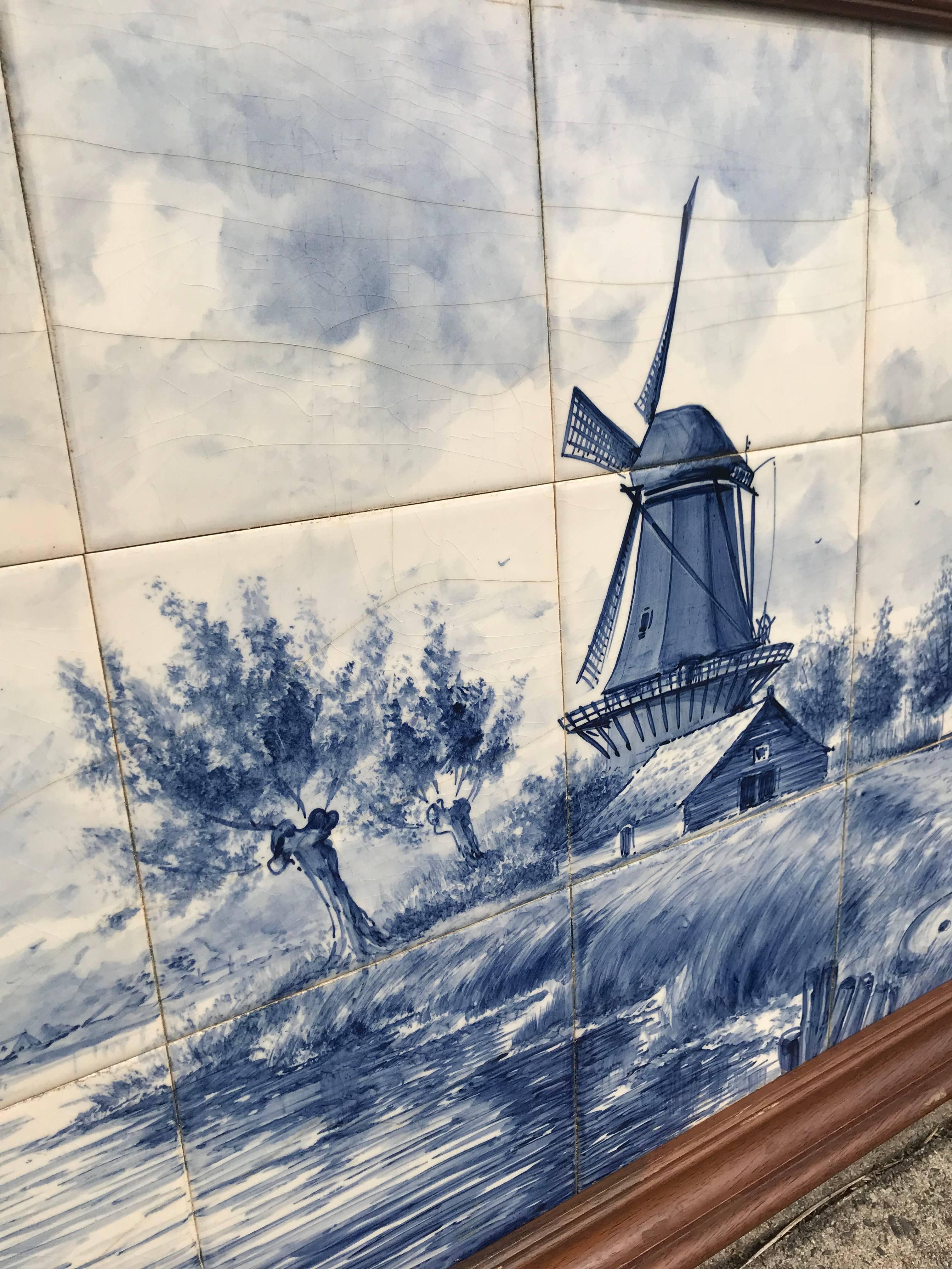 Late 20th Century Large Midcentury Made Delft Blue Tile Tableau / Wall Plaque with Dutch Landscape