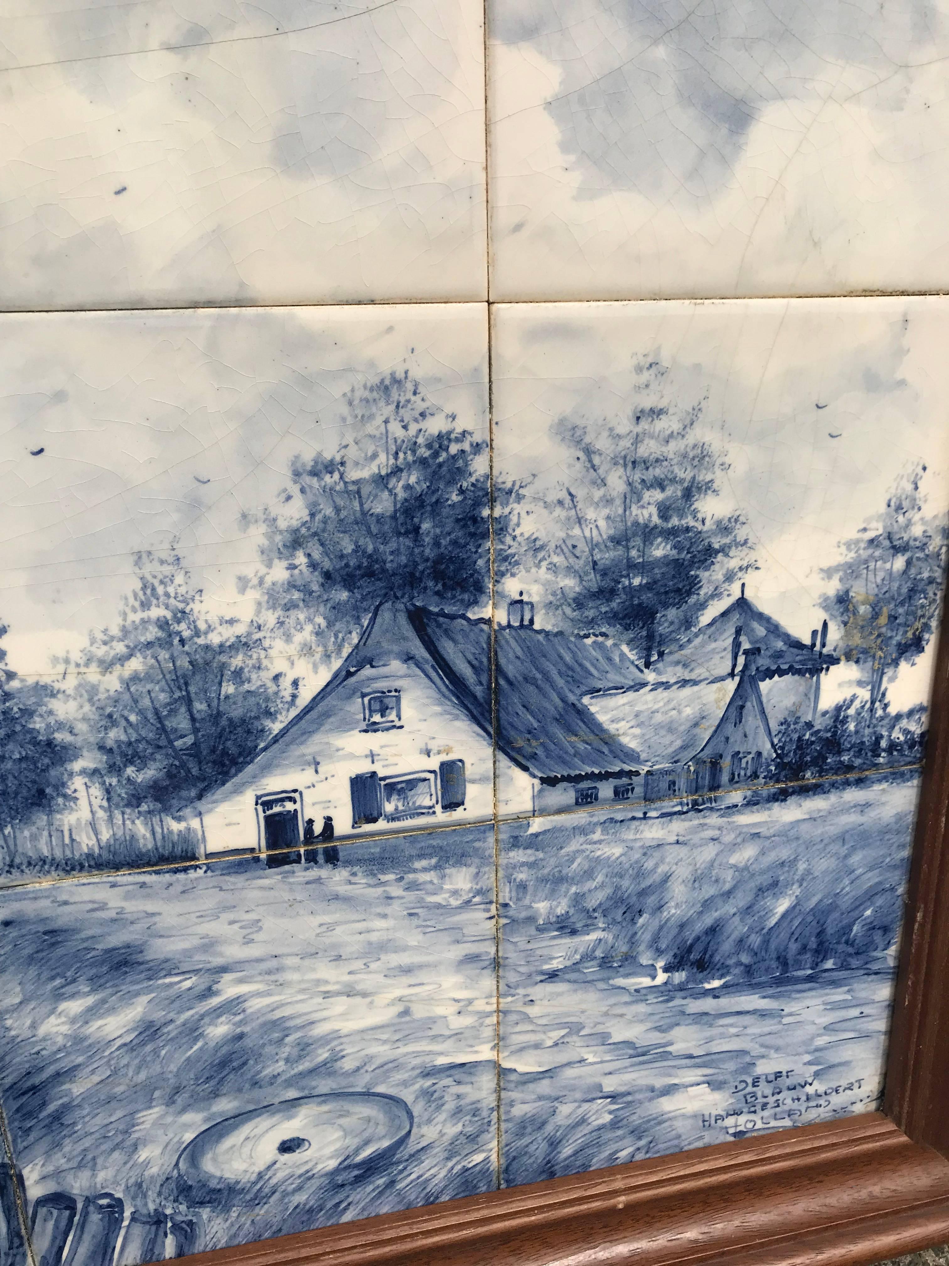 Large Midcentury Made Delft Blue Tile Tableau / Wall Plaque with Dutch Landscape 3