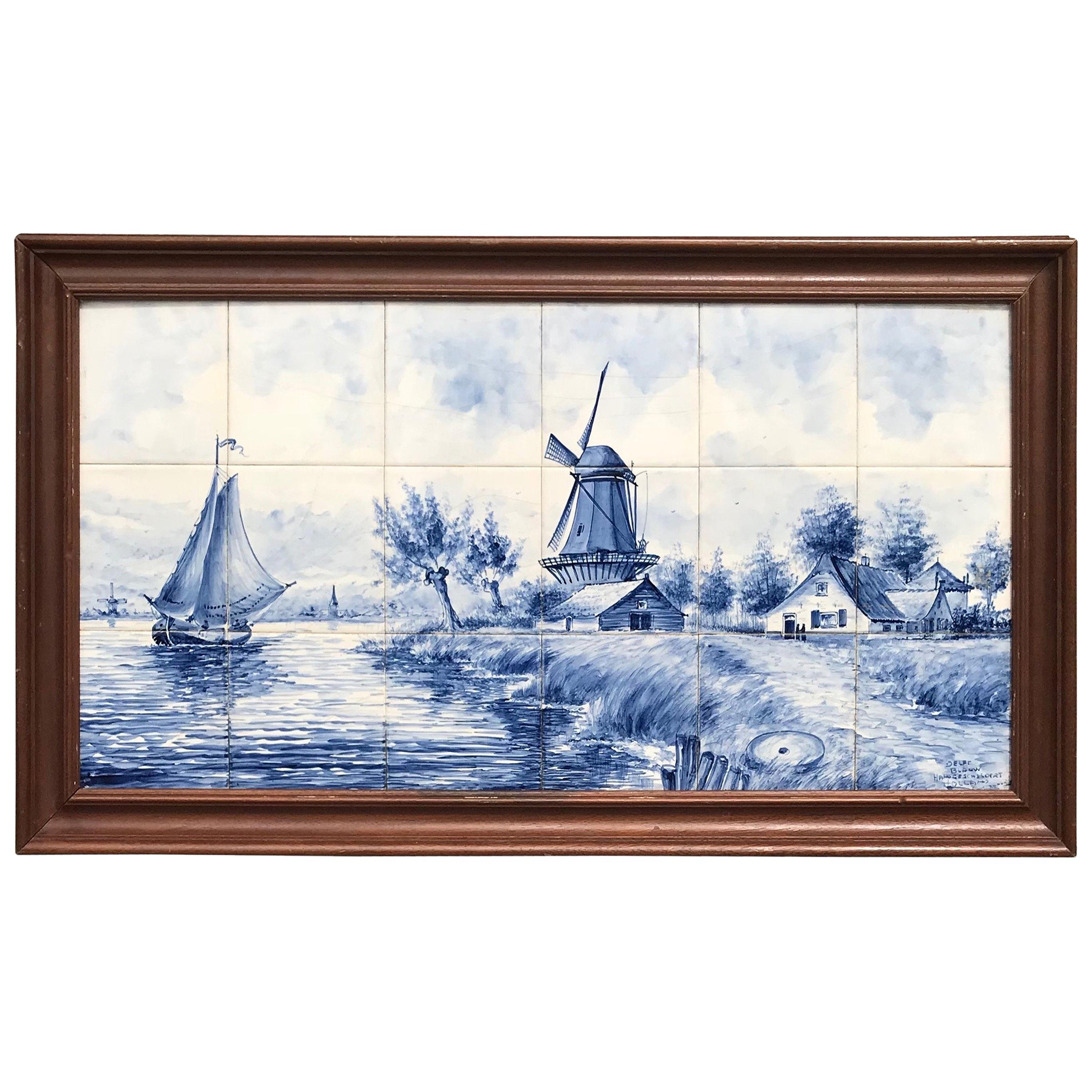 Large Midcentury Made Delft Blue Tile Tableau / Wall Plaque with Dutch Landscape