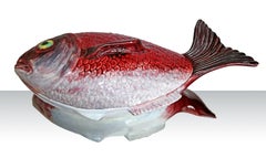 Large Midcentury Majolica Red Fish Pottery Ceramic Tureen Box, Portugal, 1950s