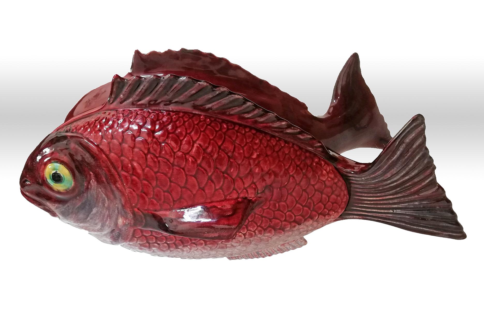 Portuguese Large Midcentury Majolica Red Fish Pottery Ceramic Tureen Box, Portugal, 1950s For Sale