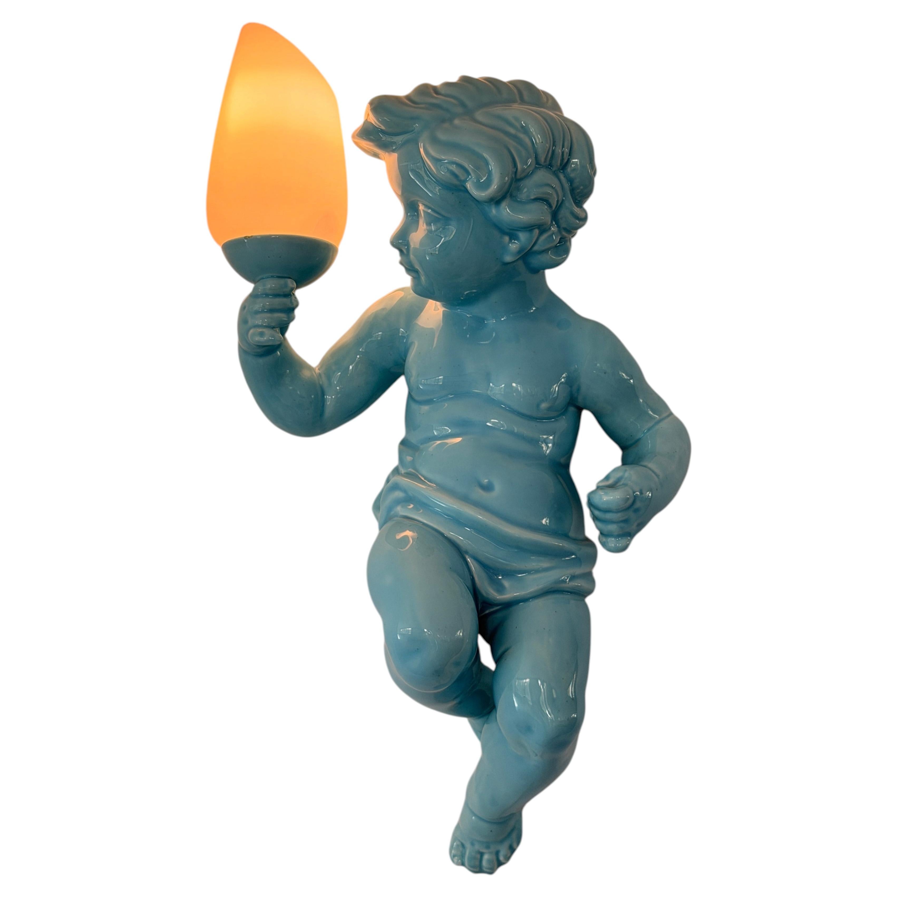 Large Mid-Century Manises Ceramic Cherub Wall Sconce by CH Hispania, Spain 1950s