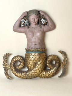 Large Mid-Century Mermaid Wall Relief Sculpture Hand-Painted Polychrome Gilt