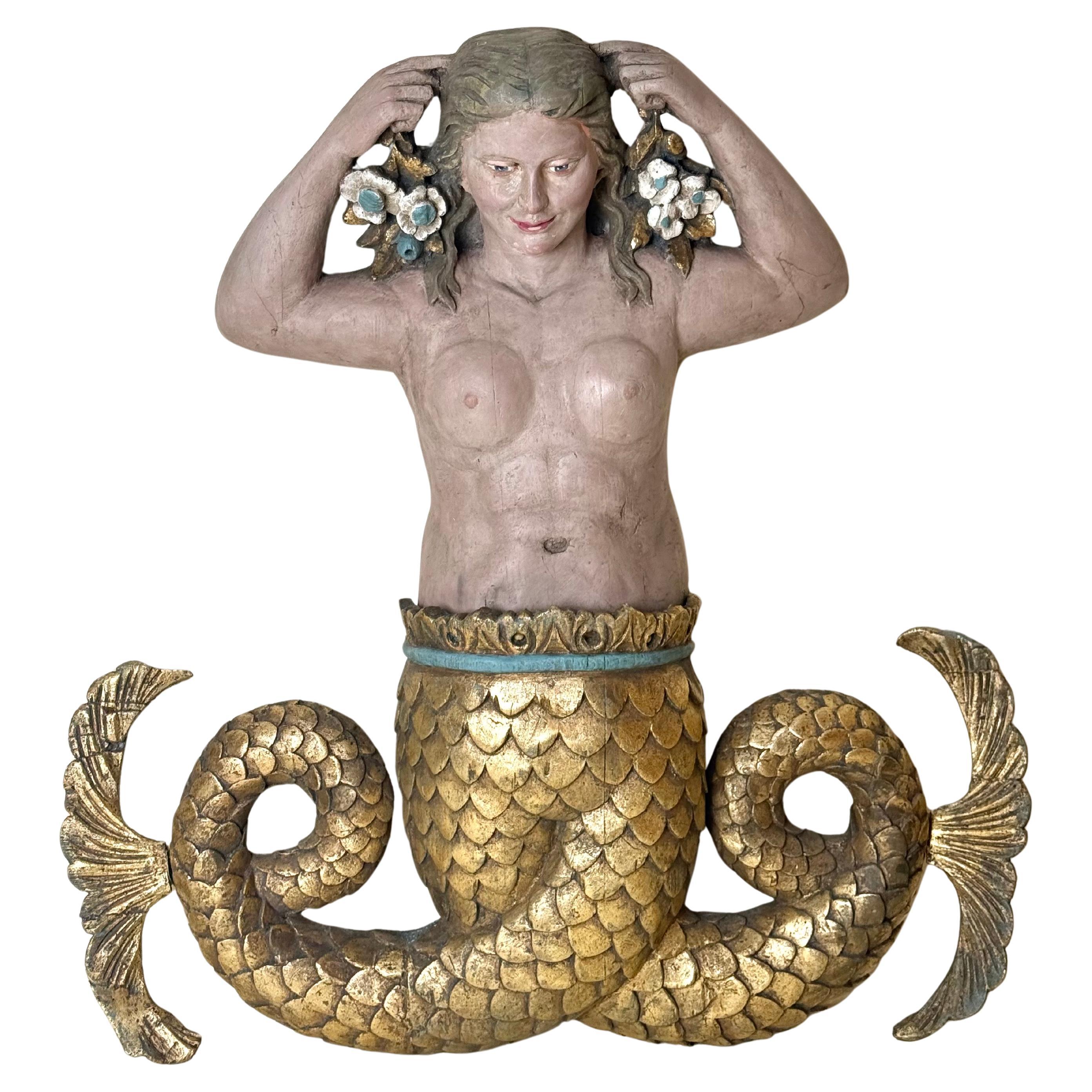 Large Mid-Century Mermaid Wall Relief Sculpture Hand-Painted Polychrome Gilt