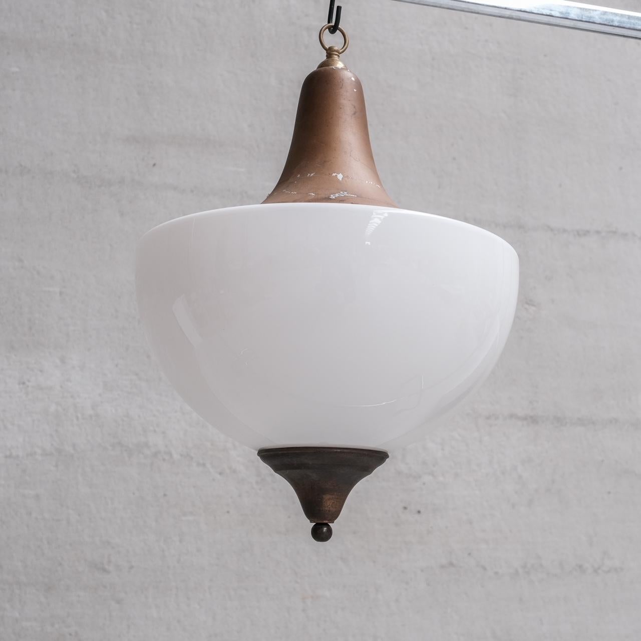 Large Mid-Century Metal and Opaline Glass French Pendant Light For Sale 5