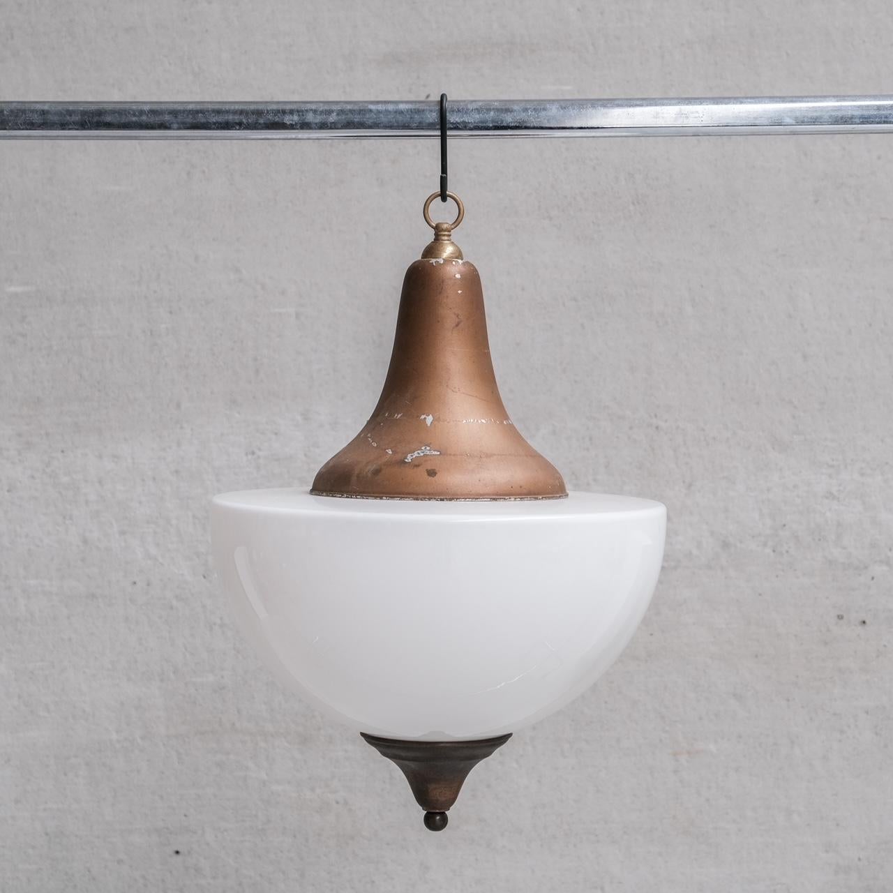 A large opaline pendant.. 

France, c1950s. 

Left in original condition, but we can re-spray the top to a different colour for a cleaner finish. 

Generally good condition, some light surface wear to the gallery as per photos. 

Since re-wired and
