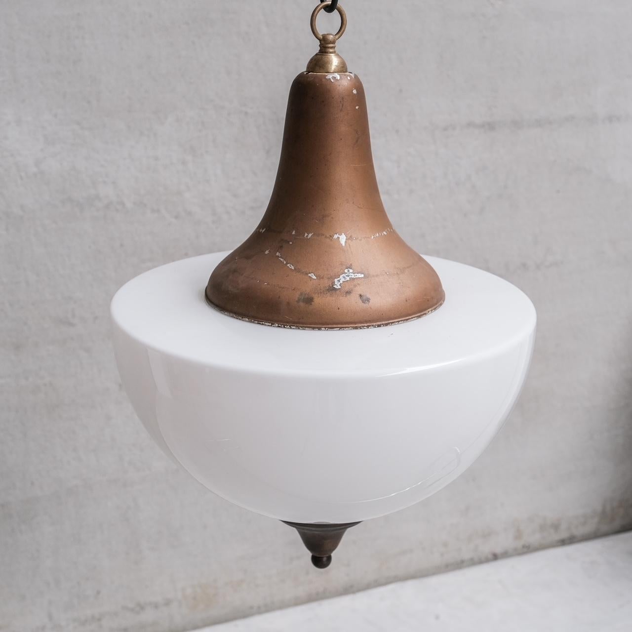 Large Mid-Century Metal and Opaline Glass French Pendant Light For Sale 2