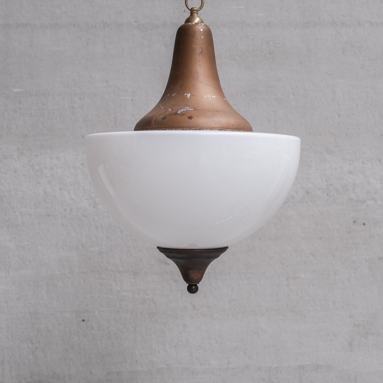 Large Mid-Century Metal and Opaline Glass French Pendant Light For Sale 4