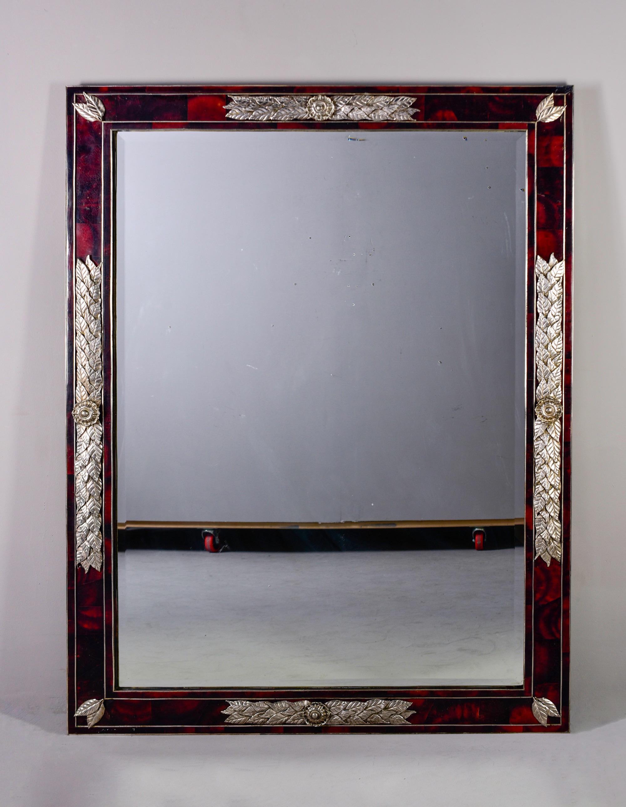 Unknown Large Mid Century Mirror Framed in Faux Tortoise Glass with Silver Leaf Mounts