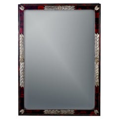 Large Mid Century Mirror Framed in Faux Tortoise Glass with Silver Leaf Mounts