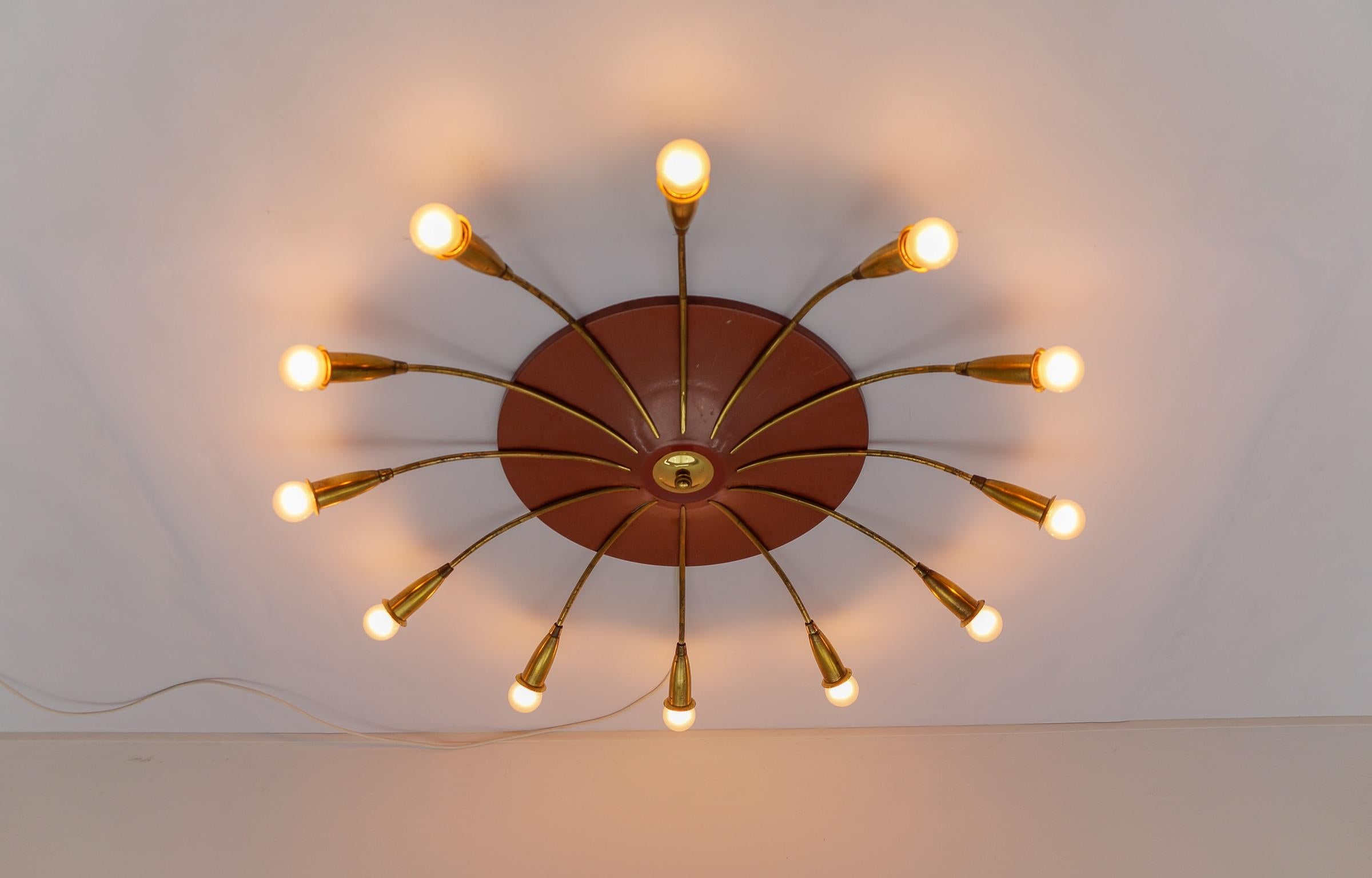 Große 12-armige Mid-Century-Modern-Sputnik-Lampe aus Messing, Deutschland, 1950er Jahre 5