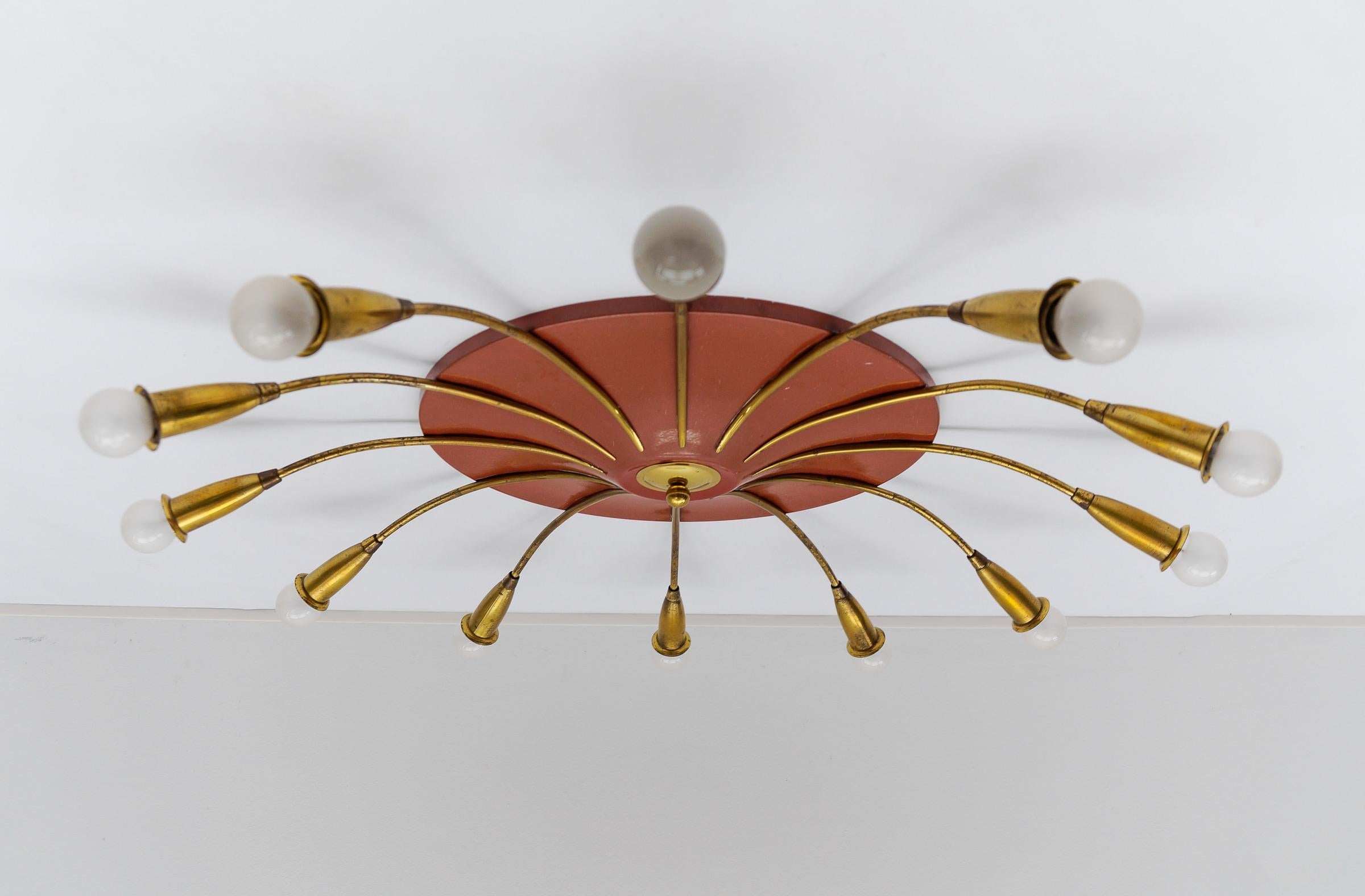 Große 12-armige Mid-Century-Modern-Sputnik-Lampe aus Messing, Deutschland, 1950er Jahre 2