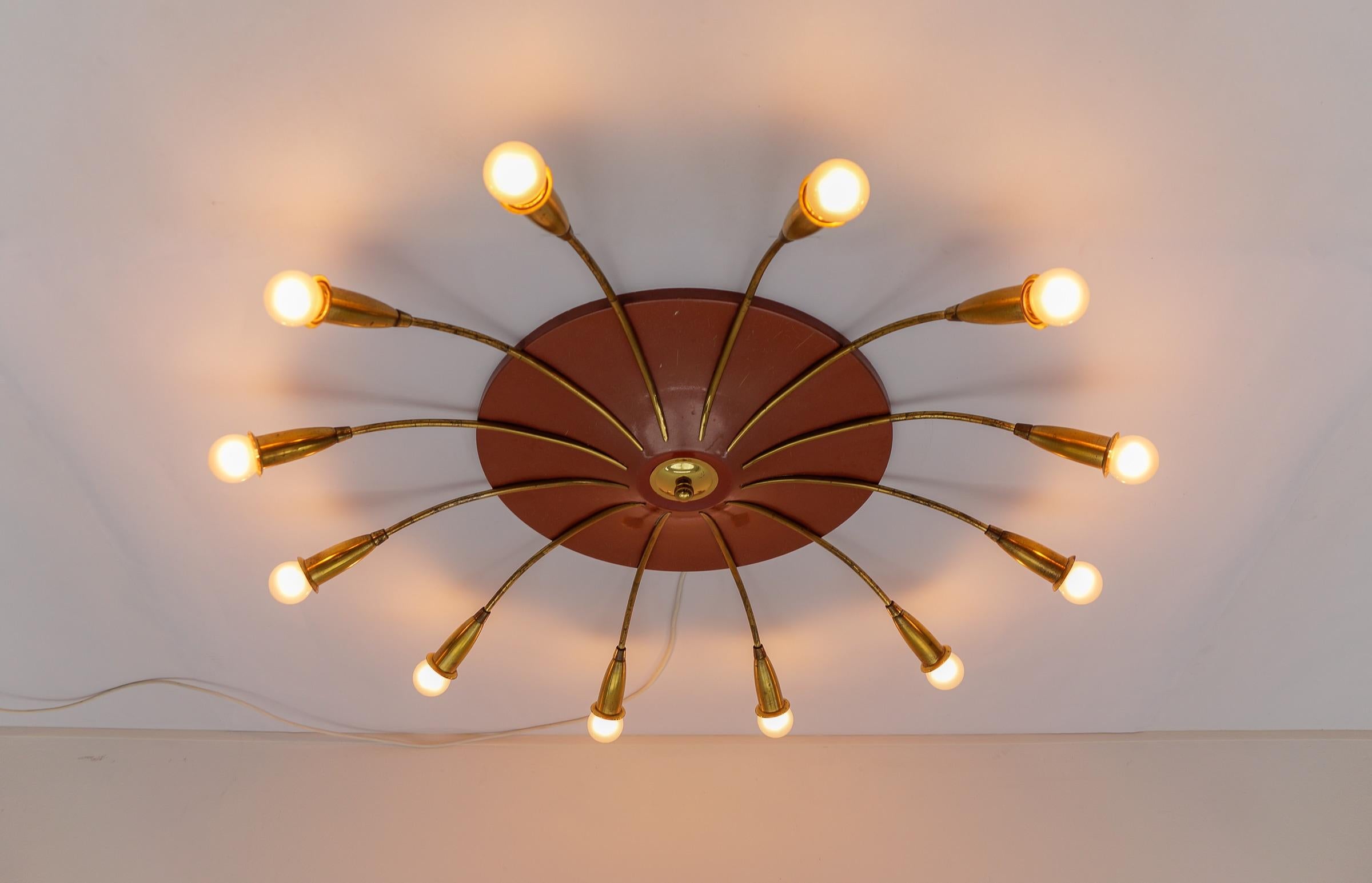 Große 12-armige Mid-Century-Modern-Sputnik-Lampe aus Messing, Deutschland, 1950er Jahre 3