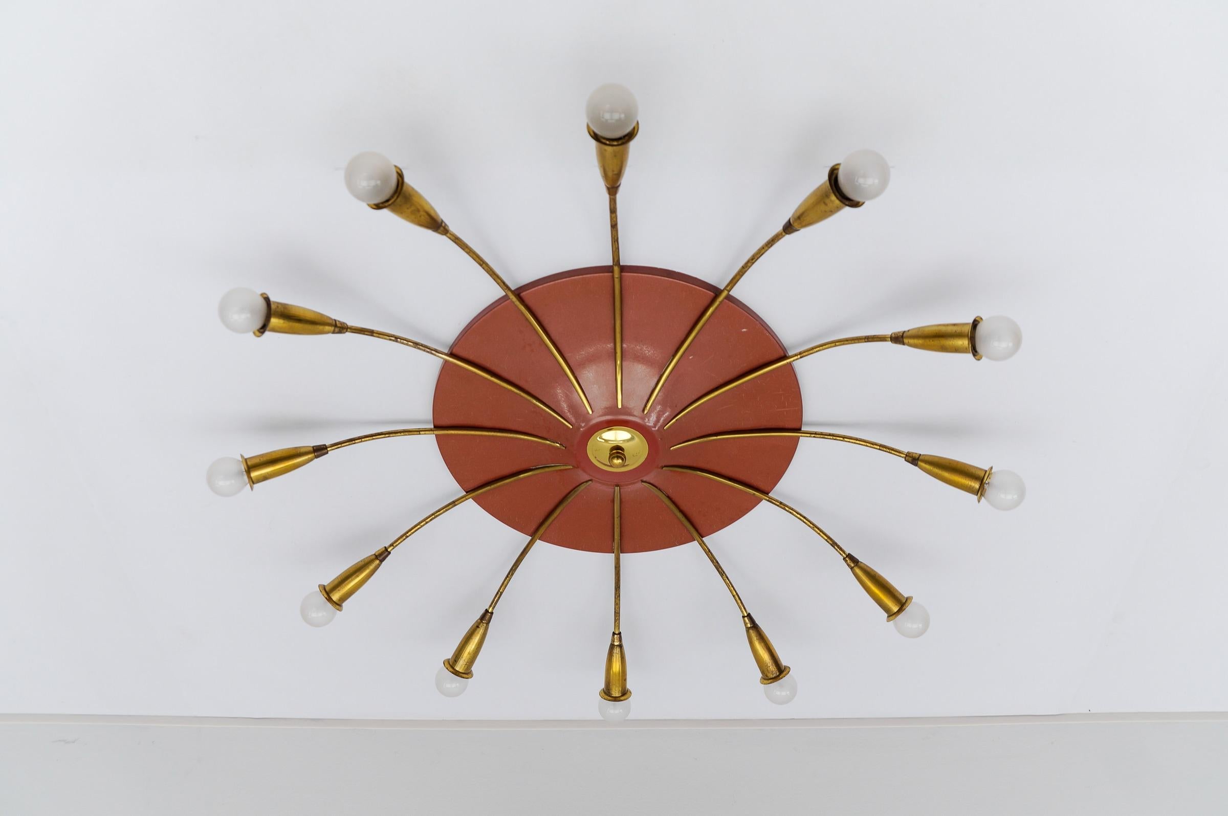 Große 12-armige Mid-Century-Modern-Sputnik-Lampe aus Messing, Deutschland, 1950er Jahre 4