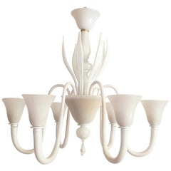 Large Mid-Century Modern 6 Lights Milk Murano Glass Chandelier by Venini