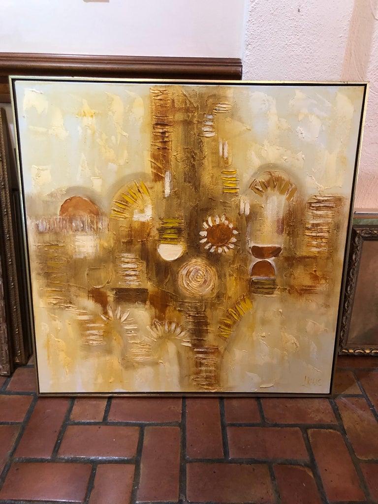 Large abstract Mid Century Modern painting by J. Keane. Heavy impasto with colors of white gold and yellow.