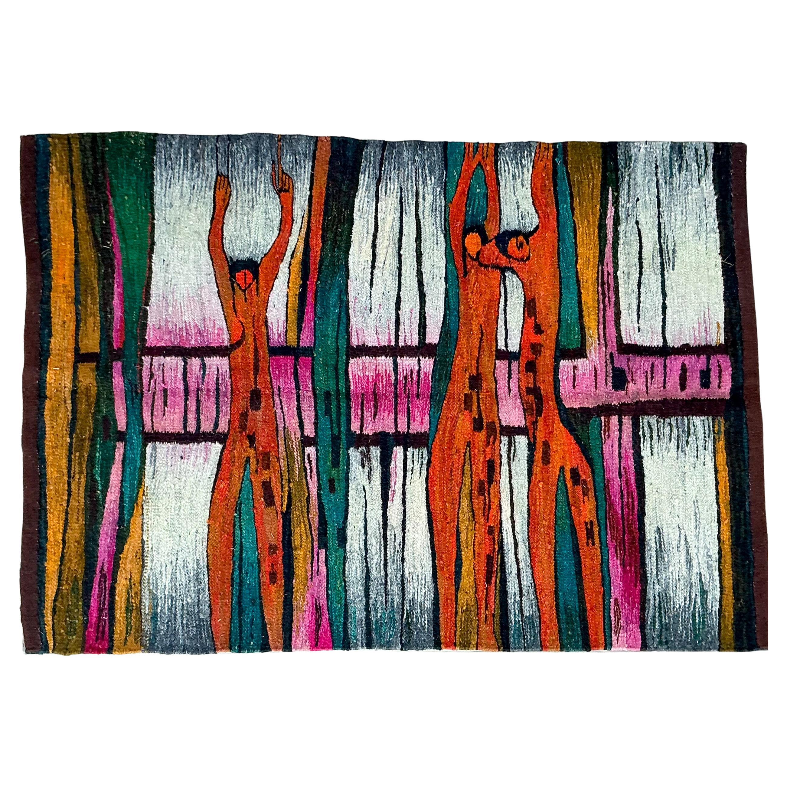 Dies ist ein handgewebter abstrakter Wandteppich oder Teppich aus der Mitte des Jahrhunderts. Es zeigt Aktdarstellungen in freier Form in der Art des frühen Kubismus. Es hat tolle Farben in reicher Wolle. Beide Seiten sind nutzbar. Es soll von einem