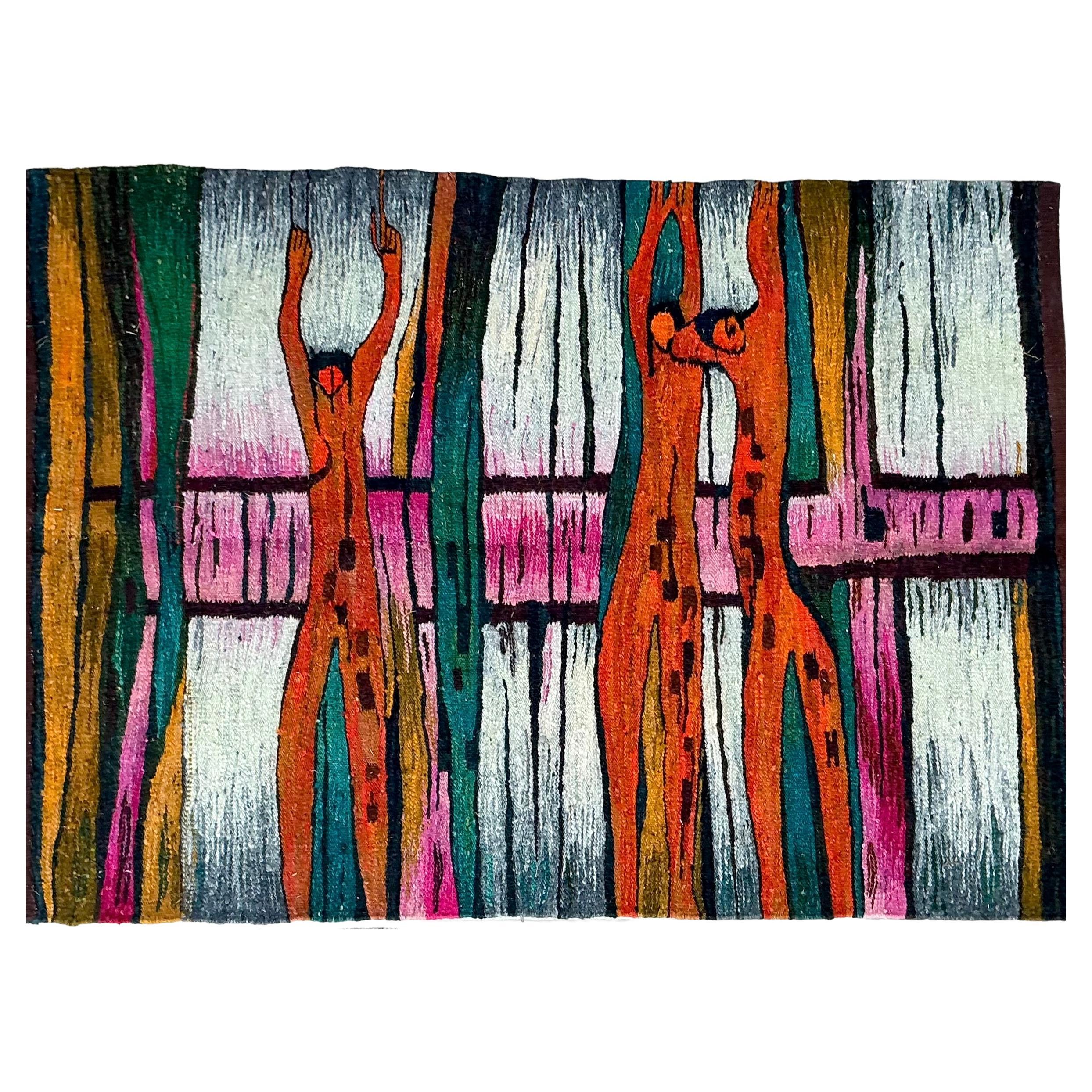 Grand tapisserie murale Kilim abstraite de forme libre et de nus, mi-siècle moderne