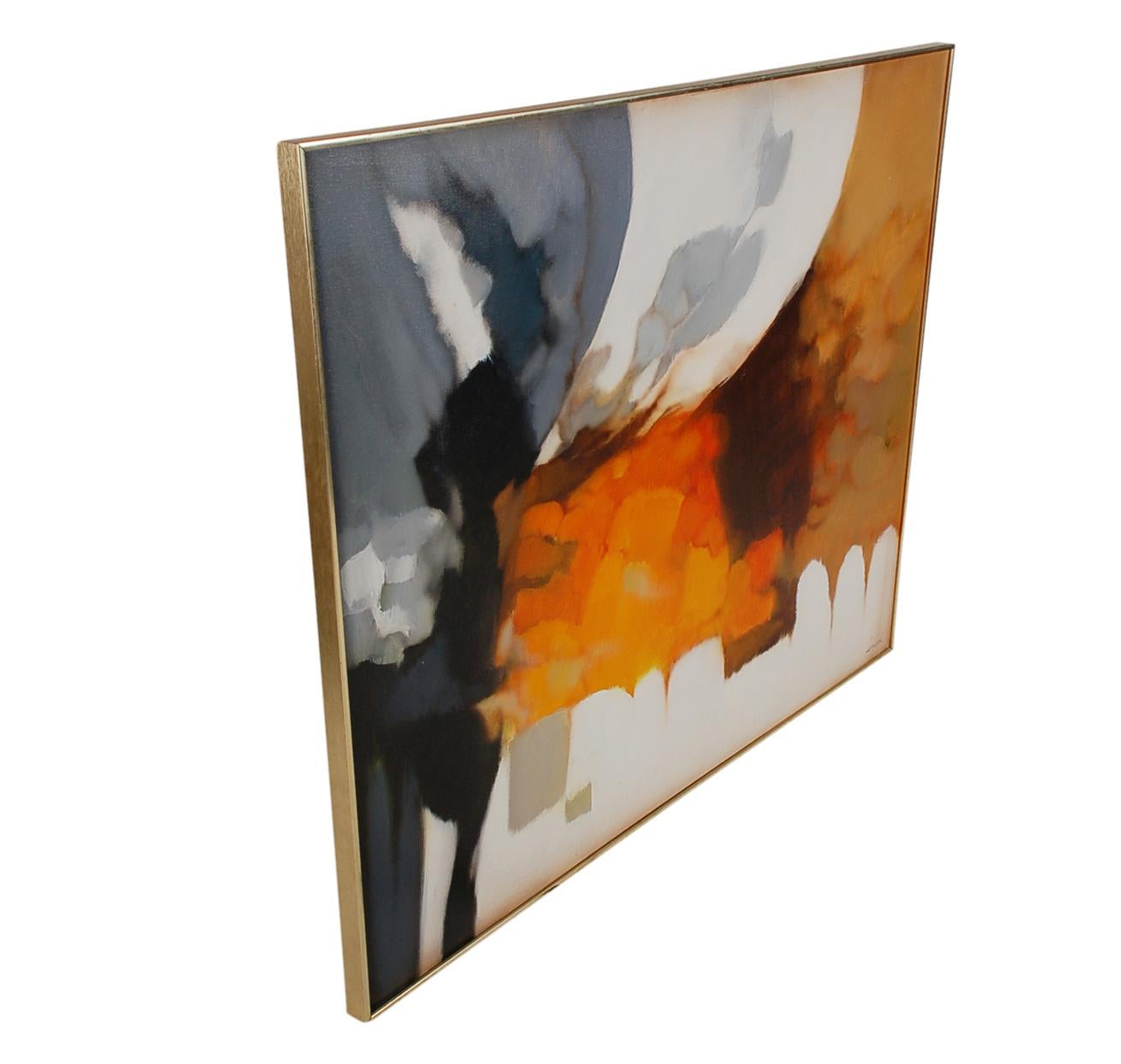 A large oil on canvas circa late 1960s or 1970s painted by Robert Lawson. This large abstract has a beautiful midcentury color palette and original brass frame.