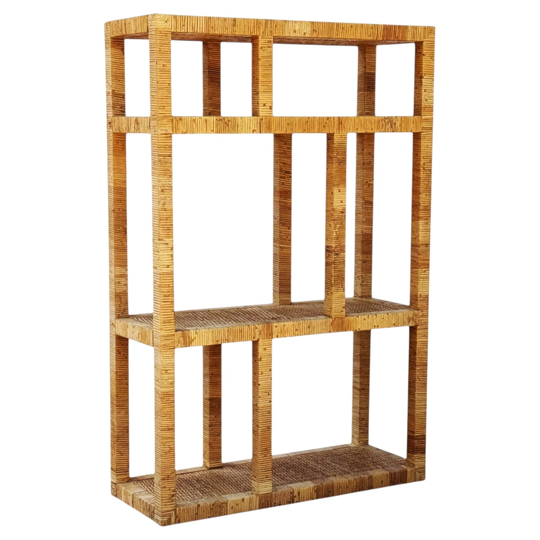 Large Mid-Century Modern Asymmetrical Rattan Etagere or Shelving Wall Unit