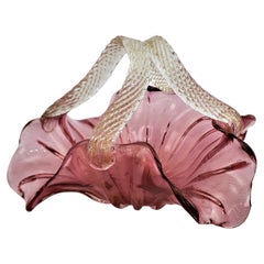 Large Mid-Century Modern Barovier Styled Murano Cranberry Art Glass Basket
