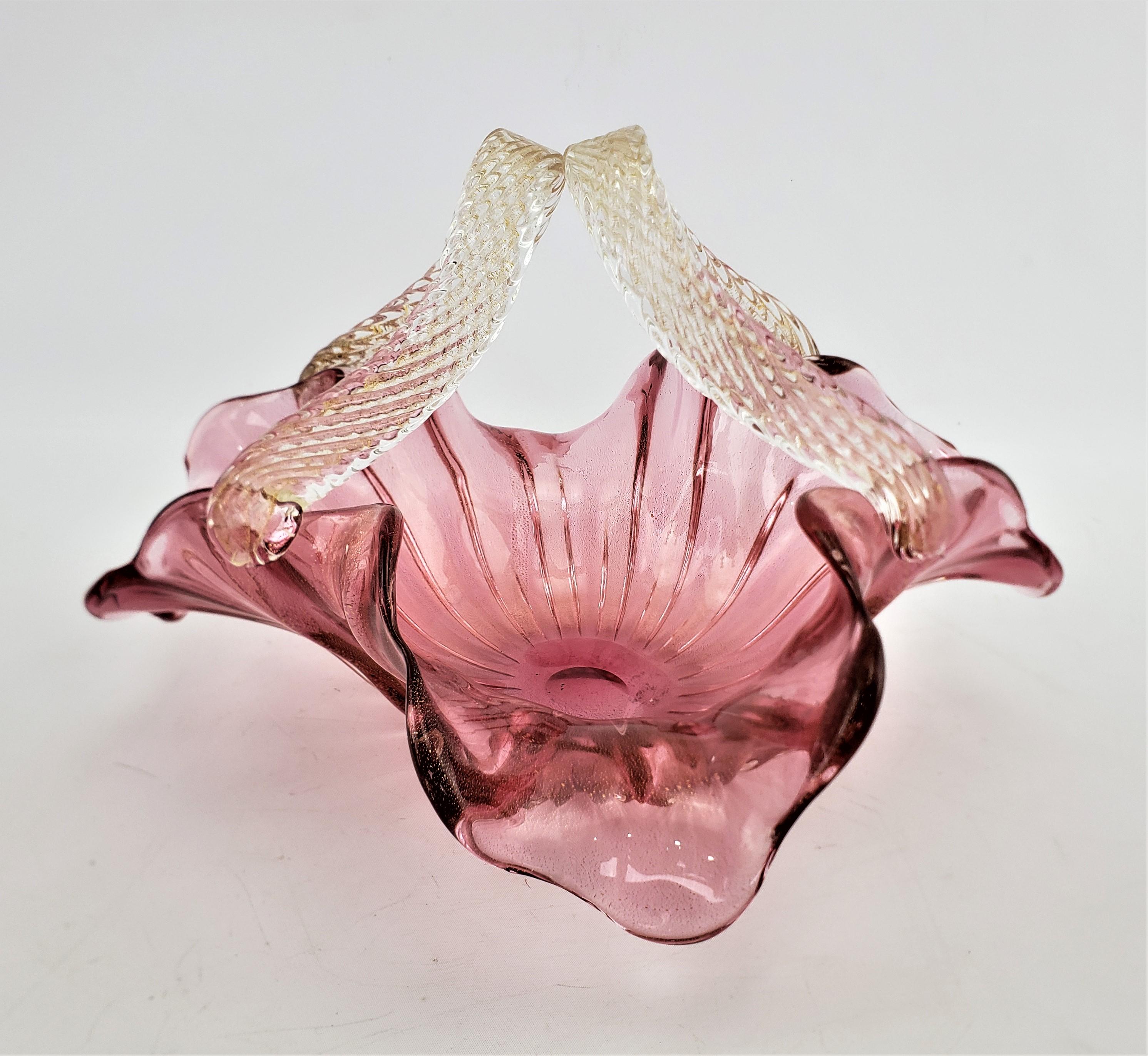 20th Century Large Mid-Century Modern Barovier Styled Murano Cranberry Art Glass Basket For Sale