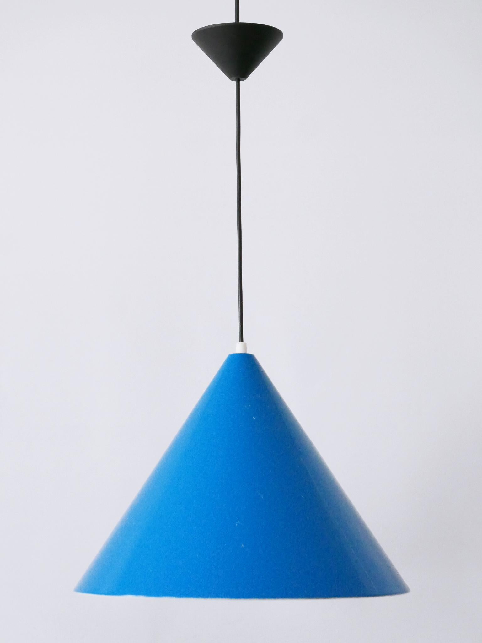 Elegant and highly decorative Mid-Century Modern pendant lamps or hanging lights. Designed by Louis Poulsen, Denmark, 1960s.

Price per item. Six identical pendant lamps available

Executed in blue painted aluminium, each pendant lamp is executed
