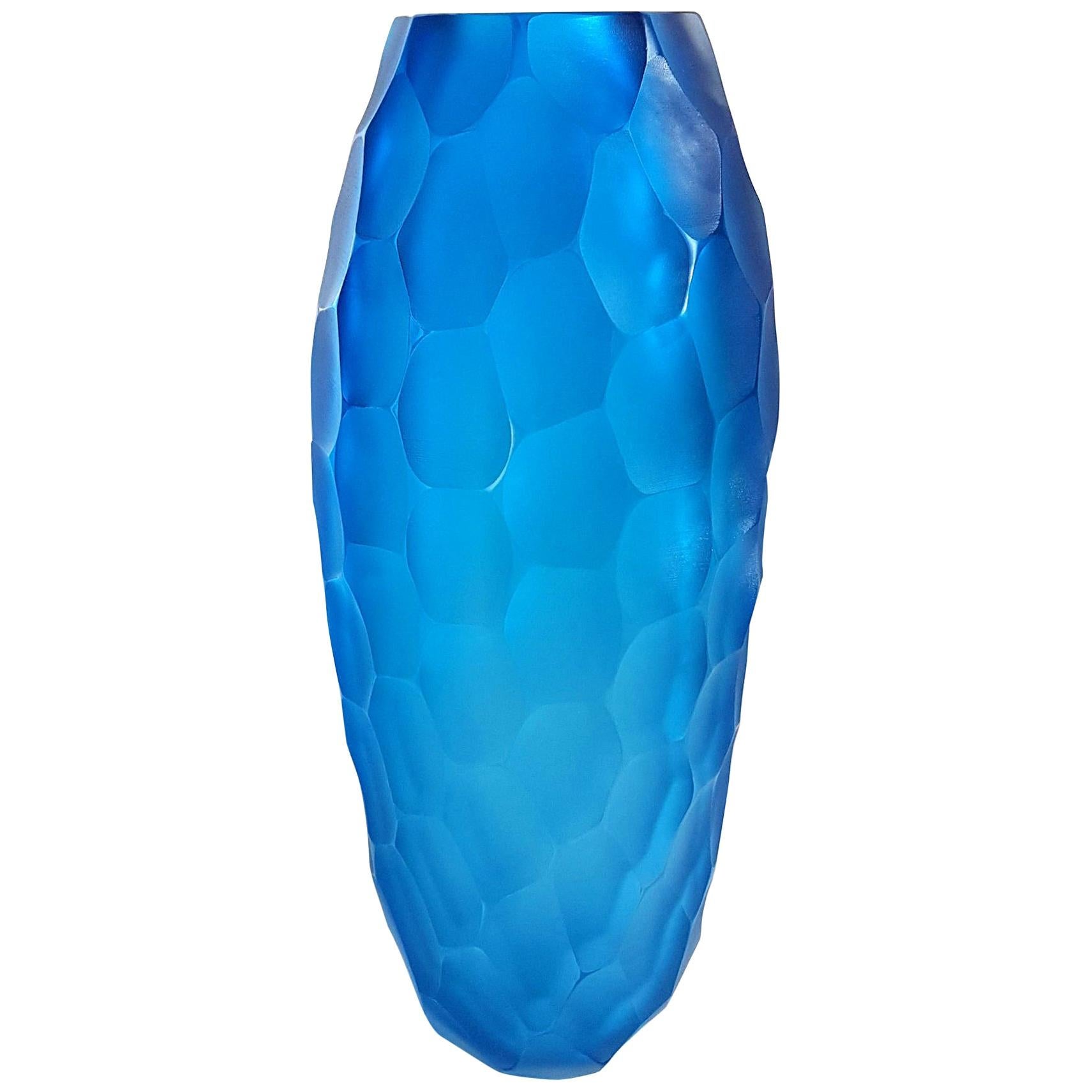 Large Mid-Century Modern Blue Faceted Murano Glass Vase by Simone Cenedese Italy