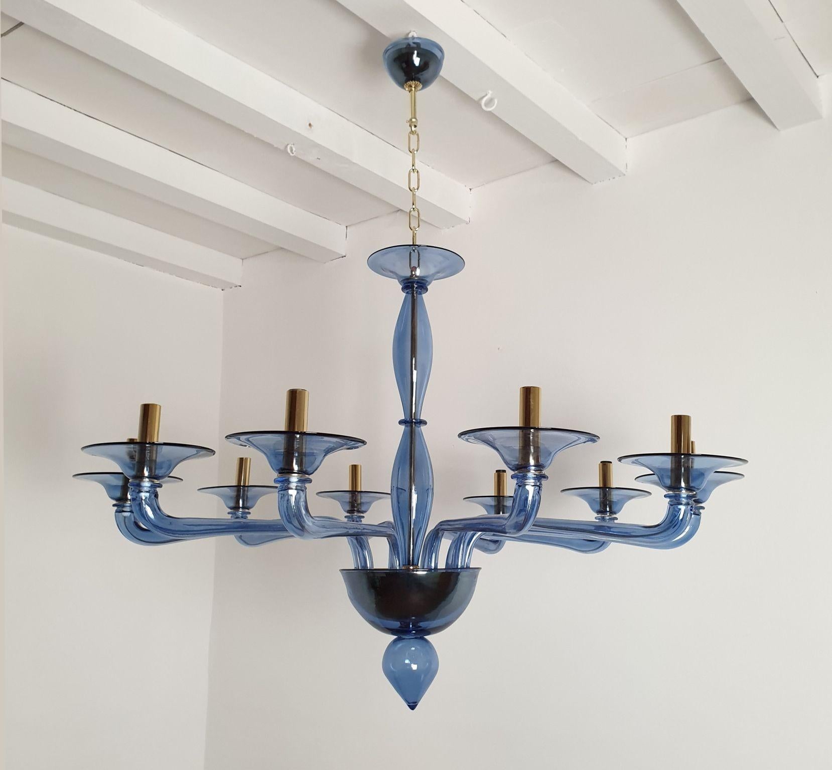 Italian Large Mid-Century Modern Blue Murano Glass Chandelier