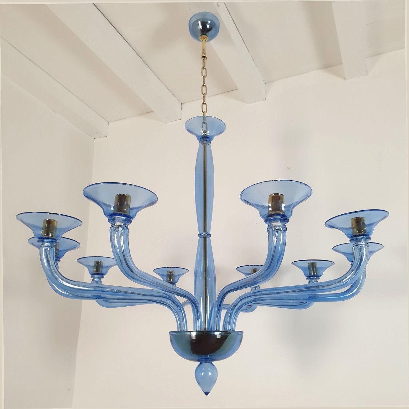 Italian Large Mid-Century Modern Blue Murano Glass Chandelier For Sale